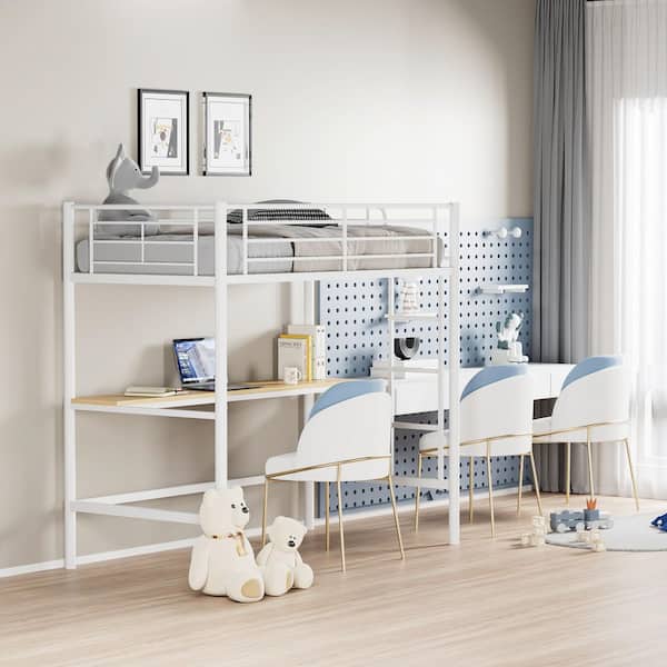 VECELO Twin Loft Bed with Desk, White Metal Frame, Space-Saving Bedframe with Removable Ladder, No Box Spring Needed