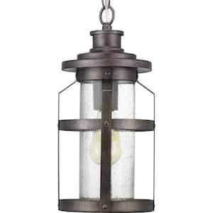 Haslett Collection 1-Light Antique Pewter Clear Seeded Glass Farmhouse Outdoor Hanging Lantern Light
