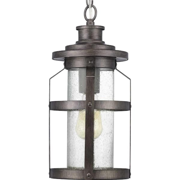 Progress Lighting Haslett Collection 1-Light Antique Pewter Clear Seeded Glass Farmhouse Outdoor Hanging Lantern Light