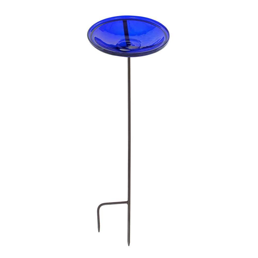 Cobalt Blue Hand Blown Glass Birdbath with Iron Stake