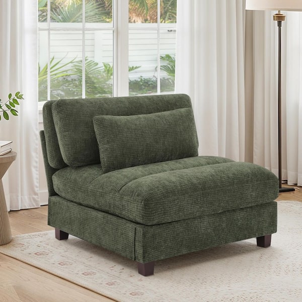 OrangeOne Panner 39 in. Armless 1 Piece Vertical Stripe Chenille Center Sectional Sofe in Green with Removable Pillow