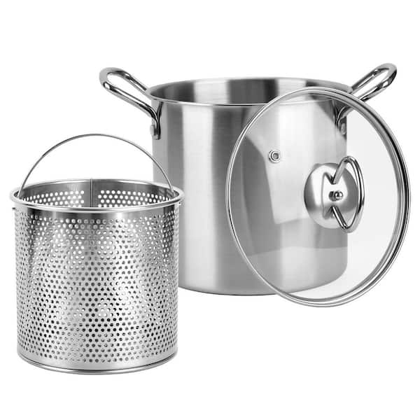 3.5 Quart Stainless Steel Stock Pot in Silver with Glass Lid and Fry Basket for Deep Frying and Cooking