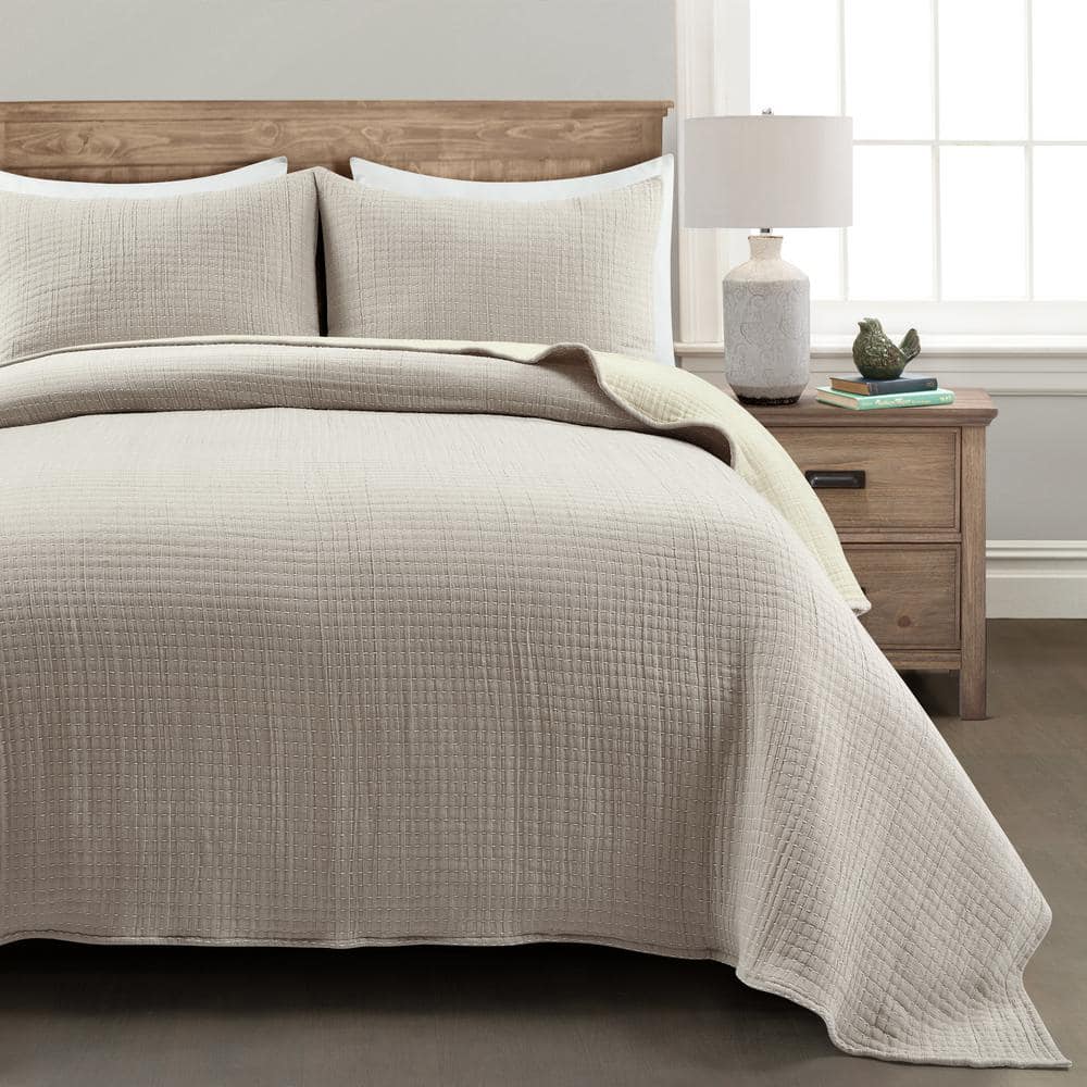 Neutral Off-White Cotton King Reversible Quilt Set