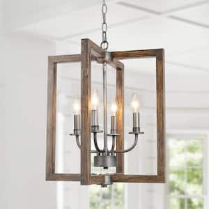 Modern Farmhouse Brushed Silver 4-Light Candlestick Chandelier with Faux Wood Cage Shade Brown Island Pendant Lantern