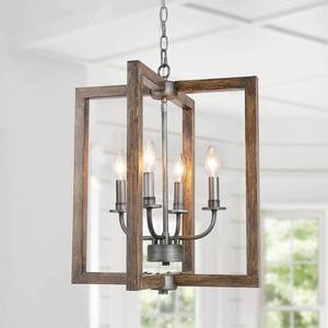 Modern Farmhouse Brushed Silver 4-Light Candlestick Chandelier with Faux Wood Cage Shade Brown Island Pendant Light