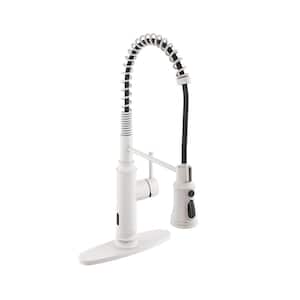 Single Handle Spring Pull Down Sprayer Kitchen Faucet with Infrared Induction Function and Deck Plate, in Matte White