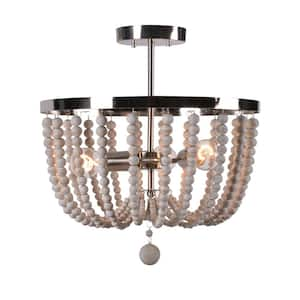 Dumas 16 in, Brushed Steel 3-Light Wood Bead Semi-Flush Mount Ceiling Light