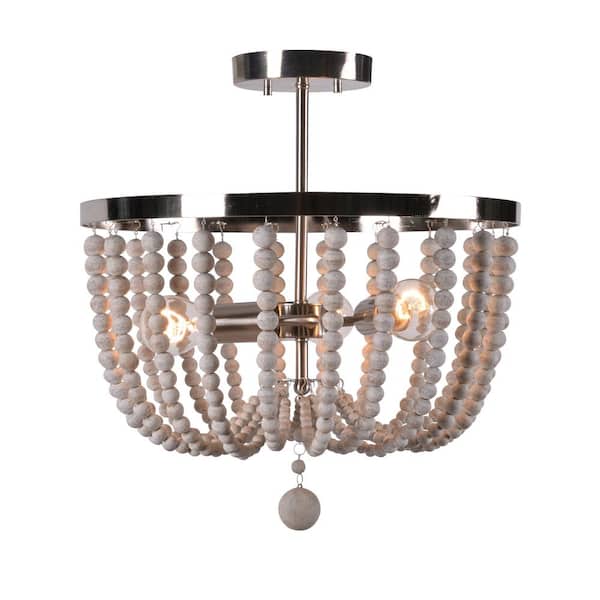 Kenroy Home Dumas 16 in, Brushed Steel 3-Light Wood Bead Semi-Flush Mount Ceiling Light
