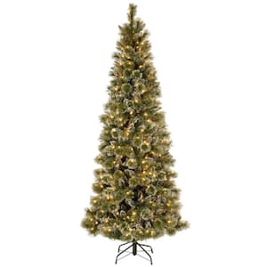7.5 ft. Glittery Bristle Pine Slim Artificial Christmas Tree with Warm White LED Lights