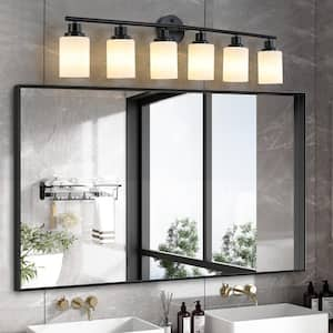 38 in. 6-Light Black Vanity Lights Fixture with Frosted Glass Shades and no bulbs Included