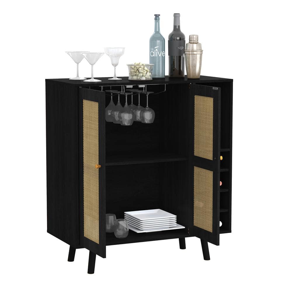Ebony and Natural Rattan Mid-Century Modern Bar Cabinet