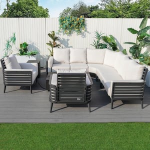 8-person Aluminum Patio Sectional Conversation Set with White Cushions and Fire Pit