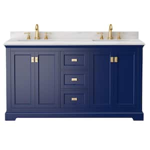 72 in. W x 22 in. D x 34 in. H Double Sink Freestanding Bath Vanity in Navy Blue with White Carrara Marble Top