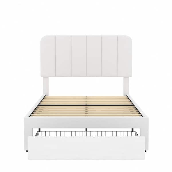 VECELO Platform Storage Bed White Metal Frame Twin Platform Bed with Velvet Upholstered Headboard & 1 Drawer