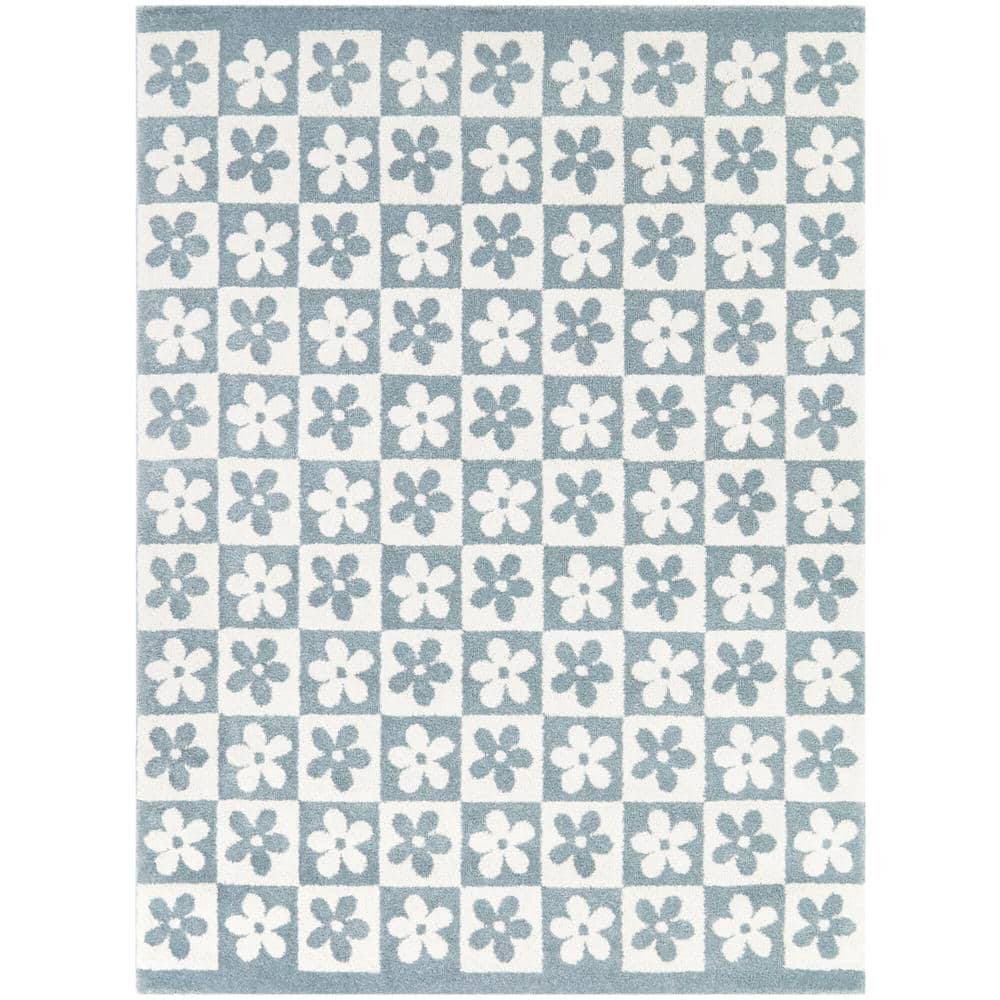 Ambrose Light Blue Floral Rectangular Kids' Synthetic Area Rug