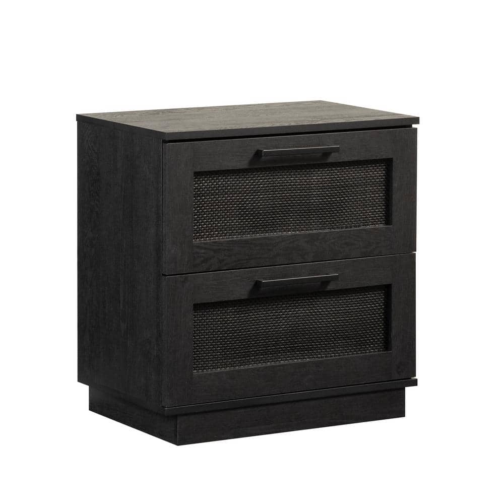 SAUDER Tiffin Line Raven Oak 2-Drawer 23.465 in. W Nightstand with Framed Ratan Drawer Fronts