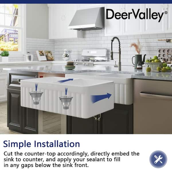 DeerValley 33 in. Farmhouse/Apron-Front Double Bowl White Fireclay Workstation Kitchen Sink with Grid and Basket Strainer