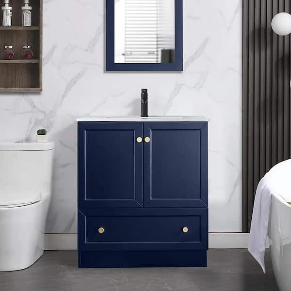 eclife 30 in. W x 18.2 in. D x 34 in. H 1-Sink Freestanding Bath Vanity in Blue With White Ceramic Top and Drain Faucet Set