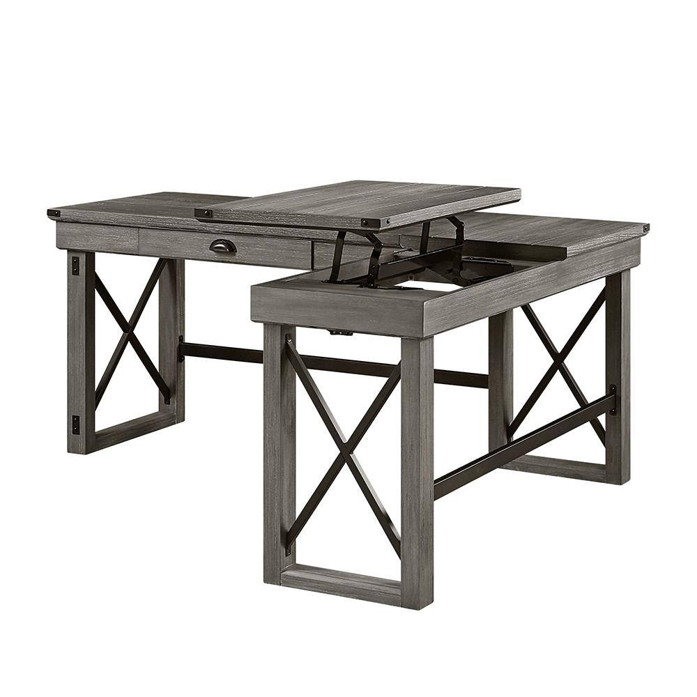 Weathered Gray Corner Writing Desk with USB and Filing Cabinet