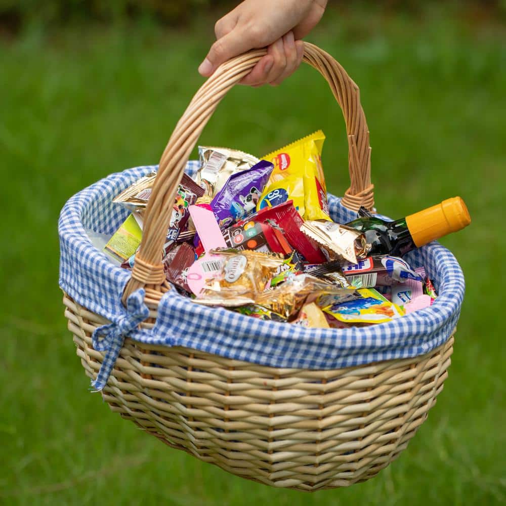 Large Natural Wicker Picnic Basket with Blue Plaid Liner