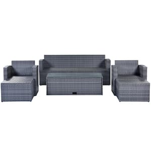 Dark Gray 6-Piece Wicker Patio Conversation Sectional Seating Set with Light Gray Cushions, coffee table and ottomans