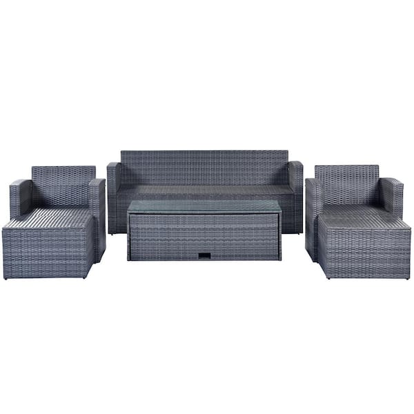 Zeus & Ruta Dark Gray 6-Piece Wicker Patio Conversation Sectional Seating Set with Light Gray Cushions, coffee table and ottomans