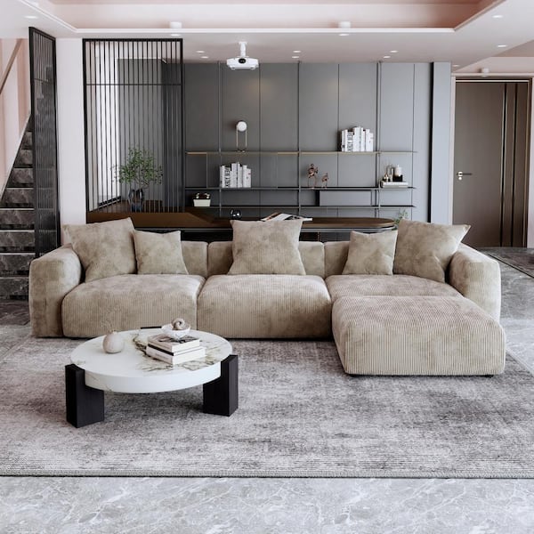 Magic Home 142 in. Square Arm Oversized 4 Piece L shaped Corduroy Rearrangeable Couch Modular Sectional Sofa in Brown MH SF126BR S3 1