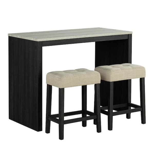 3-Piece Rectangle Black/Gray Wood Top Bar Table Dining Set with USB Ports and Bouclé Upholstered Stools for 2-Person