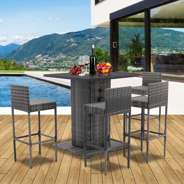 Unbranded 5 of Pieces Gray Wicker All Weather Outdoor Bistro Set Conversation Bar Set With Metal Tabletop and Stools for Patios