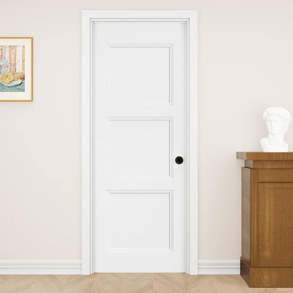 30 in. x 80 in. 3-Panel Left-Handed Painted Solid Core Wood Single Prehung Interior Door with Split Jamb and Lever