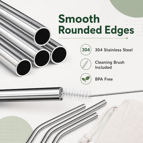 Numhew Stainless Steel Metal Straws Set 5-Piece Silver Food-Grade Reusable Drinking Straws