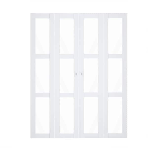 60 in x 80 in 3 Lite Clear Glass White MDF, Solid Core, Water-Proof Can't be Painted Bi-fold Door with All Hardware