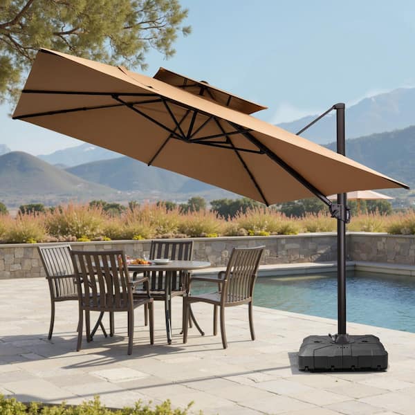 Pellebant 11 ft. Square Aluminum WindProof Polyester Patio Umbrella 360 Swivel Cantilever Umbrella with Stand in Tan for Deck