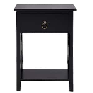 12 in. Black Rectangle Wood End Table with Drawer and Shelf Solid Narrow Side Table For Bedrooms Ideal For Small Spaces