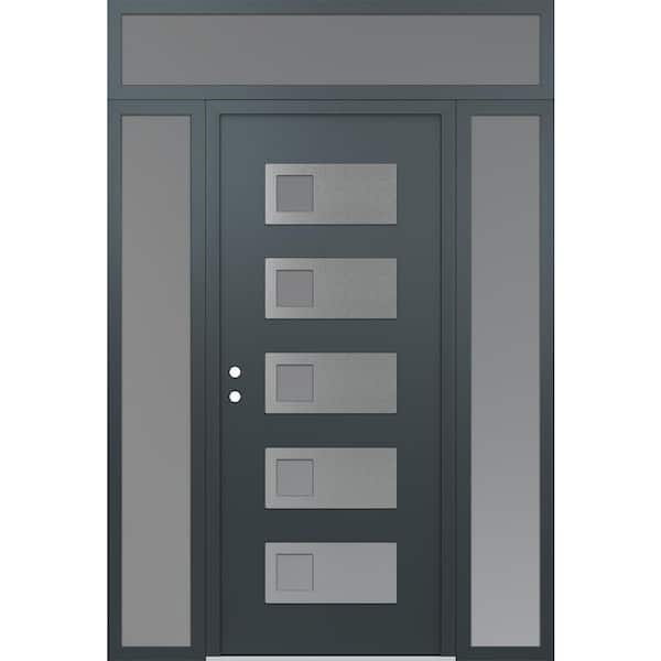 D2 68 in. x 96 in. Silver P Right-Hand/Inswing Frosted Glass Anth/Anth 2 Sidelite+Transom Steel Prehung Front Door