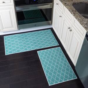 Geometric Turquoise 44 in. x 24 in. and 31.5 in. x 20 in. Washable, Thin, Multipurpose Kitchen Rug Mat (Set of 2)