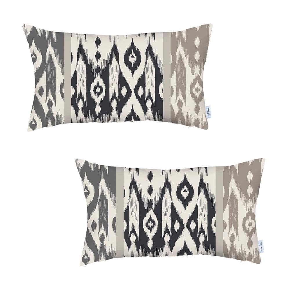 Beige and Black Ikat Reversible Lumbar Pillow Covers Set