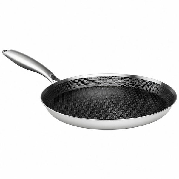 11 in. Silver Non Stick Flat Stainless Steel Crepe Pan, Honeycomb Coating Pancake Pan, Induction Compatible, PFOA Free