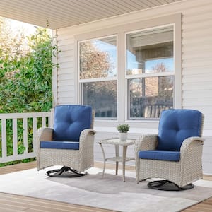 PlainCurve 3-Piece Light Beige Wicker Swivel Outdoor Rocking Chairs Patio Conversation Set with Olefin Blue Cushions