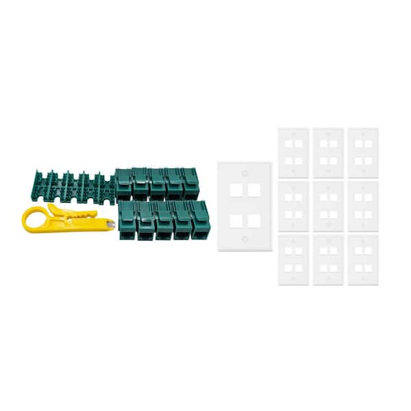 10-Pack 1-Gang White Keystone Plastic Wall Plates 4-Port and 10 Cat 6 RJ45 Keystone Jacks Green