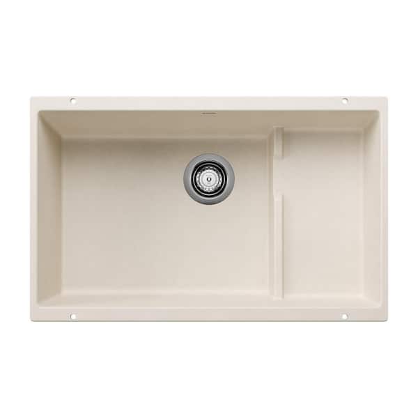 Blanco 28.75 in. Precis Cascade Soft White Granite Composite Single Bowl Undermount Kitchen Sink with Mesh Colander
