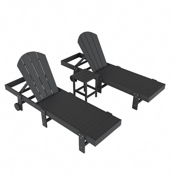WESTIN OUTDOOR Laguna 3-Piece Outdoor Patio Adjustable HDPE Reclining Adirondack Chaise Lounger with Wheels, Side Table Set, Gray