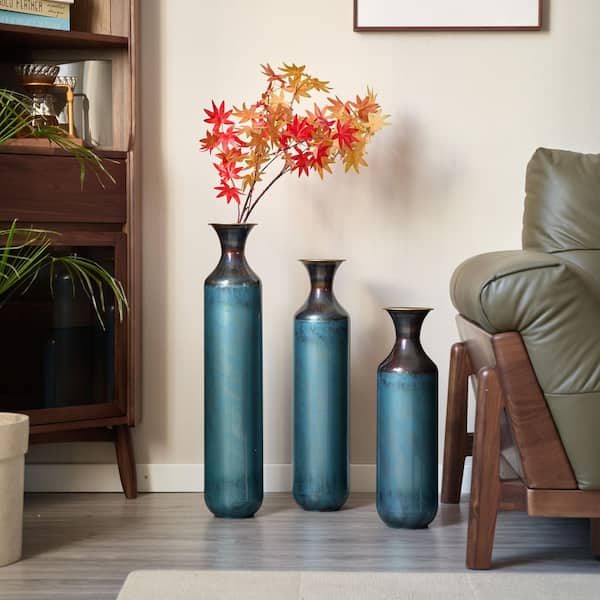 20.4 in. /24.4 in. /28.34 in. Aqua Blue 3-Piece Modern Droplet Floor Vase Set-Glazed Metal, Large Vases for Home Decor
