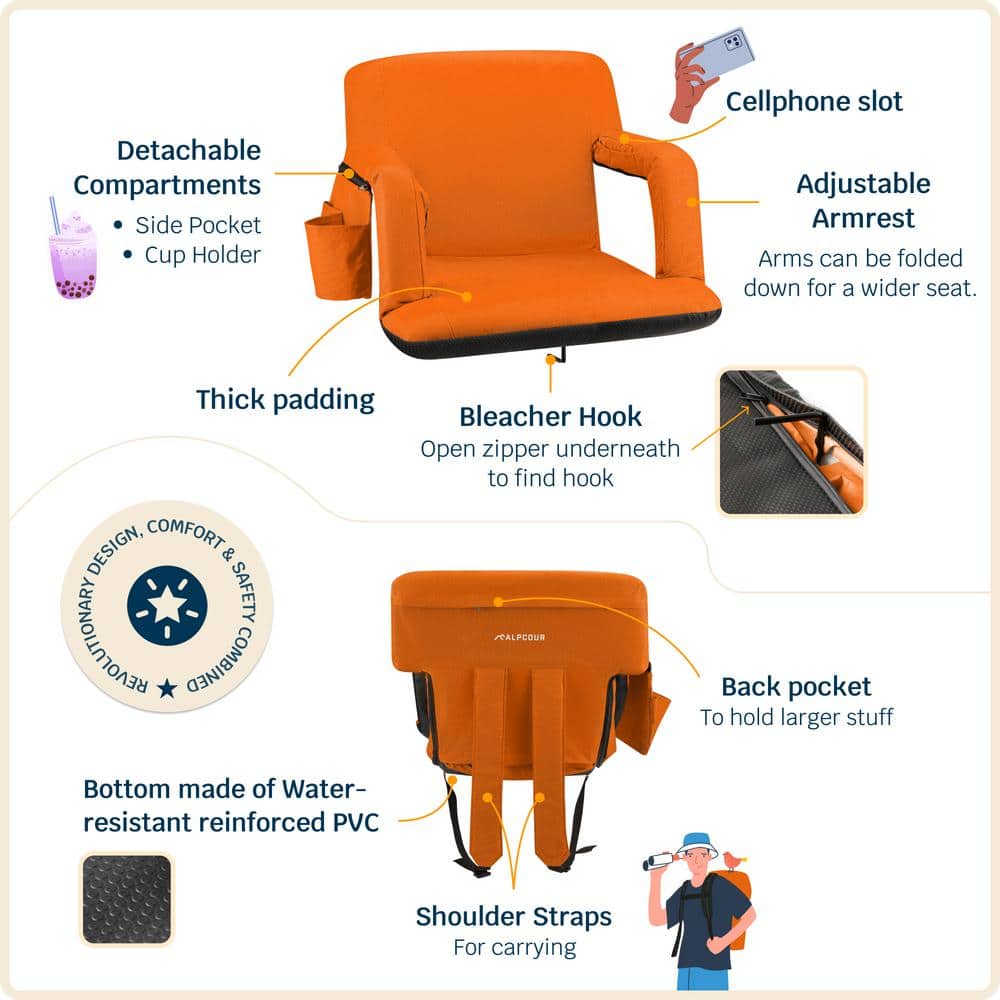 Alpcour Extra-Wide Orange Polyester Reclining Stadium Seat with Armrests