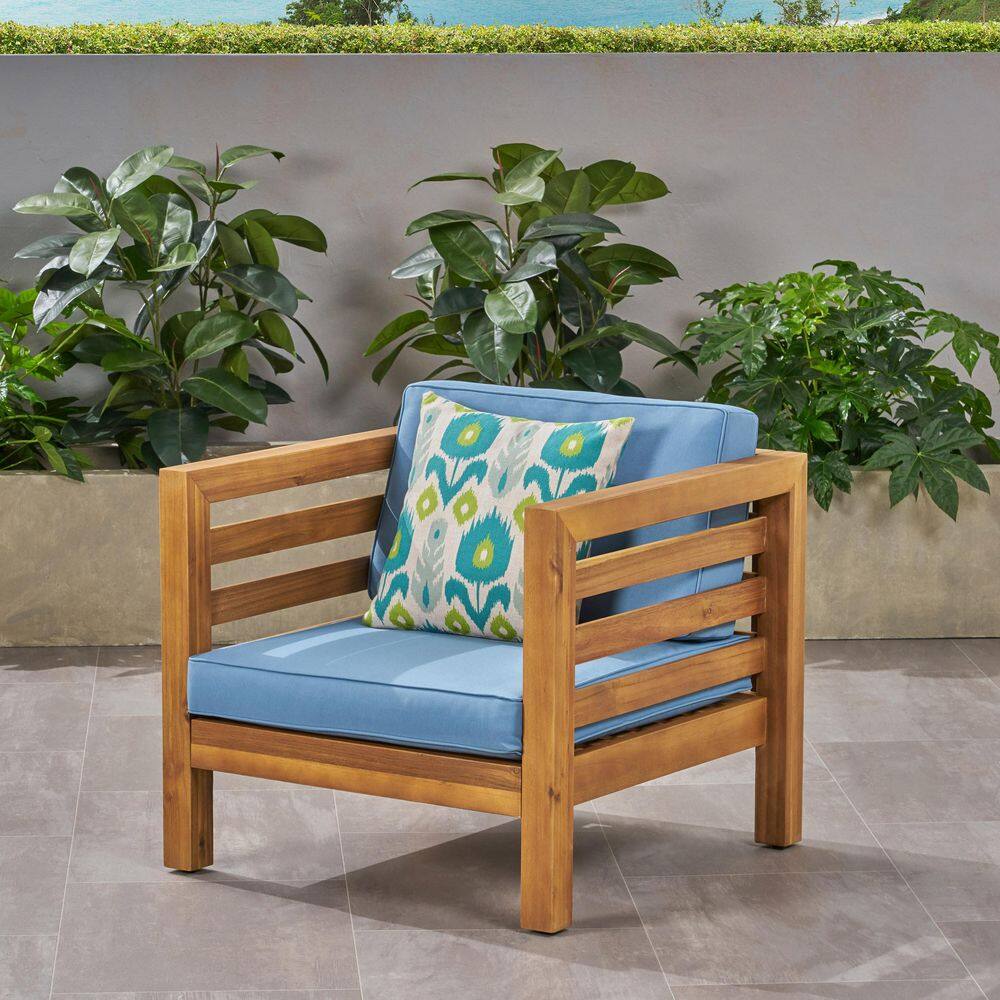 Louise Teak Finish Acacia Wood Club Chair with Blue Cushions