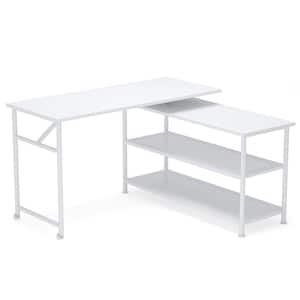 Lanita 47.2 in. Rotating White L-Shaped Desk Corner Computer Desk Writing Table with Open Storage Shelves