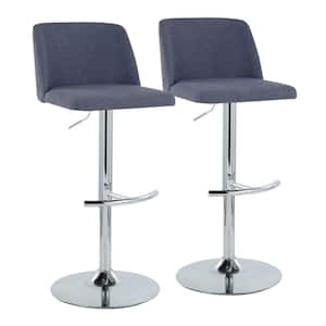 Toriano 33 in. Blue Fabric and Chrome Metal Adjustable Bar Stool with Rounded T Footrest (Set of 2)