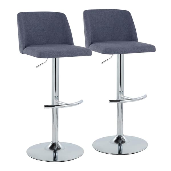 Lumisource Toriano 33 in. Blue Fabric and Chrome Metal Adjustable Bar Stool with Rounded T Footrest (Set of 2)