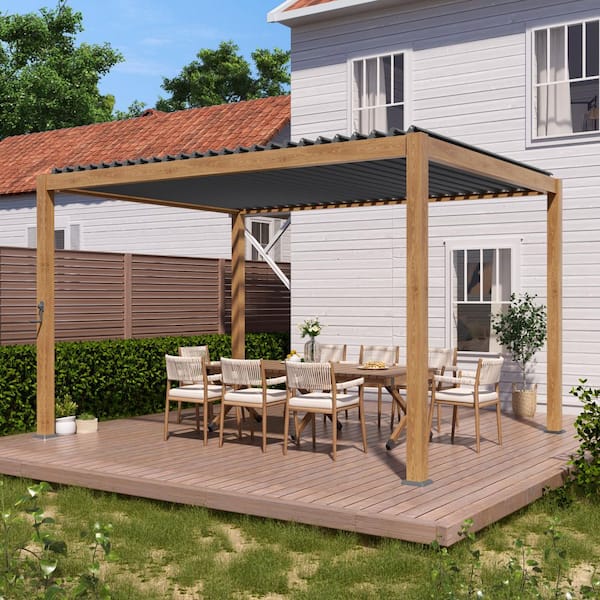JOYESERY 10 ft. x 13 ft. Modern Aluminum Frame Pergola for Outdoor Garden with Adjustable Louvered Roof, Wood Grain