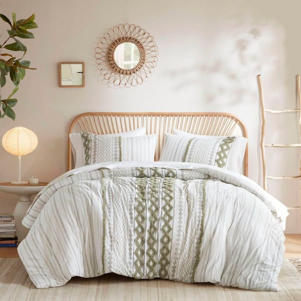 Unbranded 3 PCS King/Cal King Cotton Printed Comforter Set with Chenille Sage/Ivory